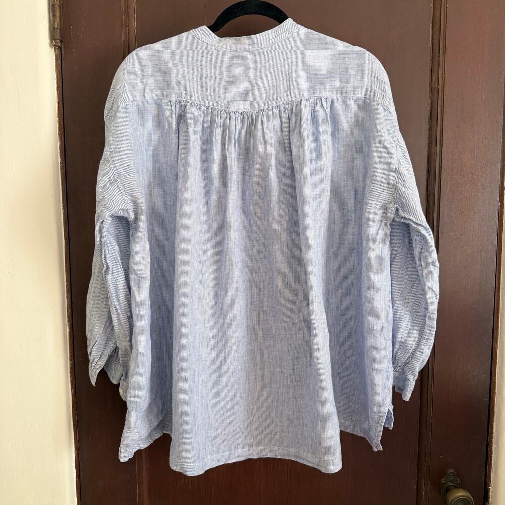 MUJI | Blue and White Striped Linen Boho Boxy Blouson Top | Medium \ Large - Picture 2 of 6